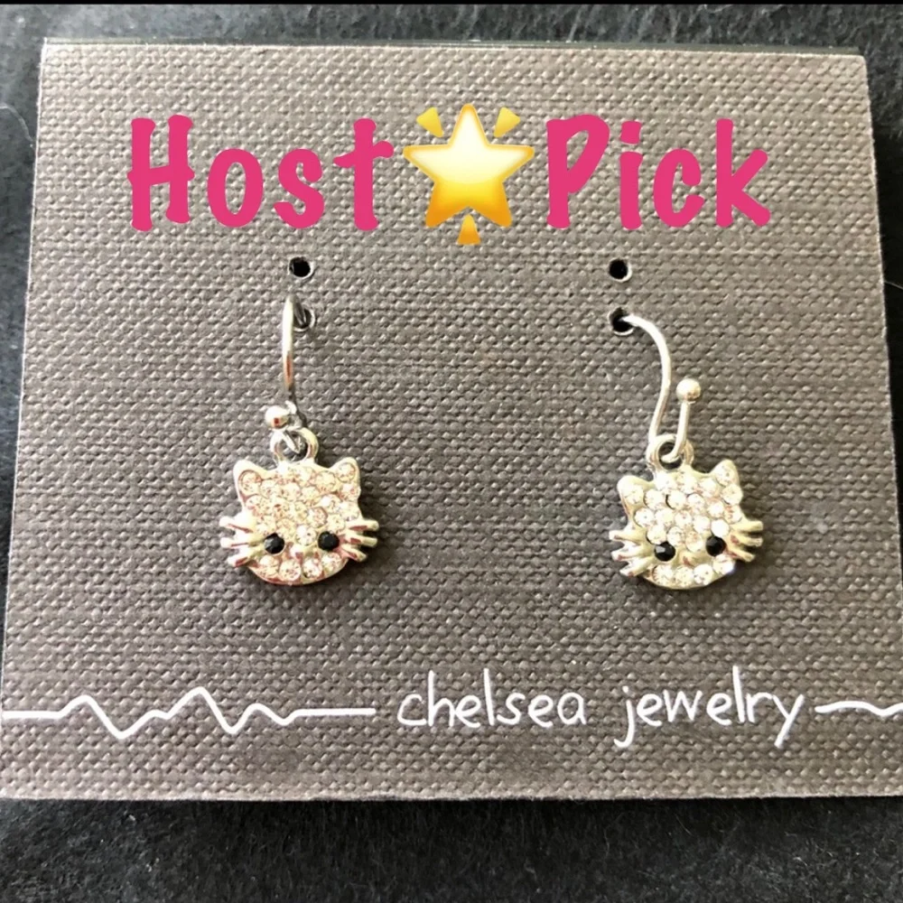 NWT CHELSEA PEWTER Kitty Rhinestone Crystals Kitten Cat Pierced Dangle Earrings